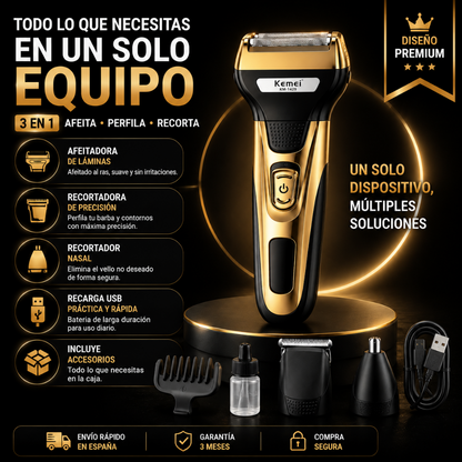 Afeitadora Multifuncional 3 en 1 Recargable USB | Barba, Perfilado y Nariz