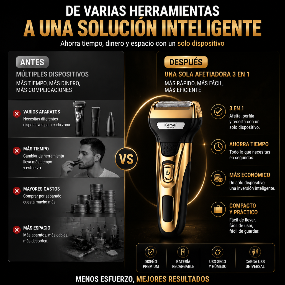 Afeitadora Multifuncional 3 en 1 Recargable USB | Barba, Perfilado y Nariz