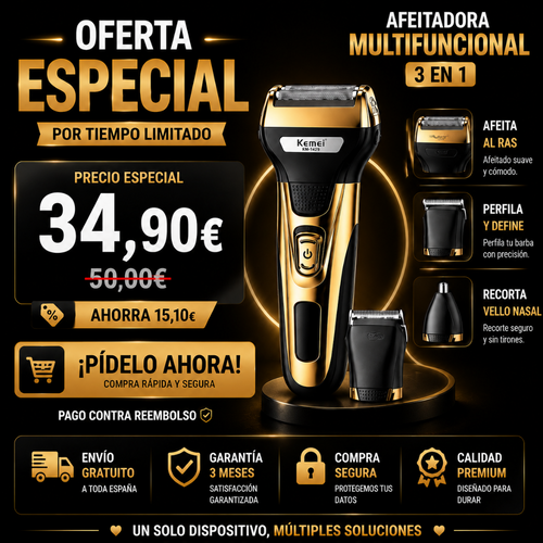 Afeitadora Multifuncional 3 en 1 Recargable USB | Barba, Perfilado y Nariz