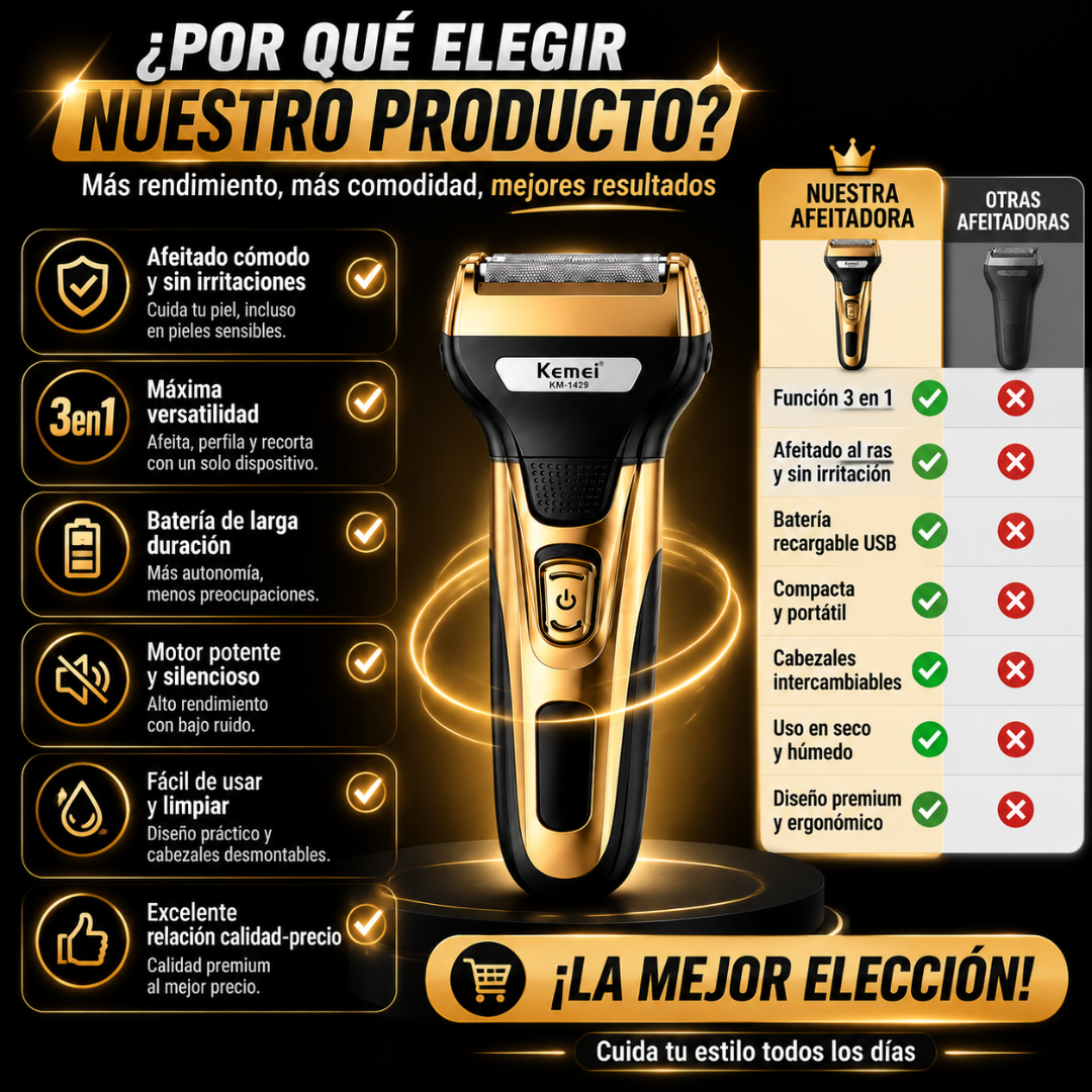 Afeitadora Multifuncional 3 en 1 Recargable USB | Barba, Perfilado y Nariz